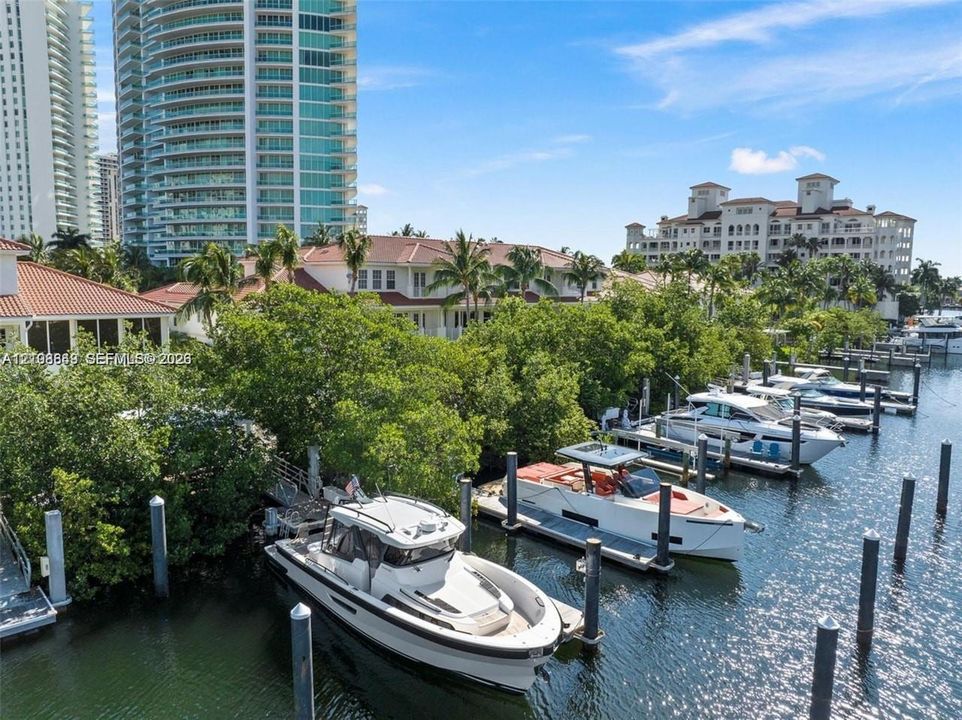 Deep-water canal access featuring multiple fixed pilings and a private docking area