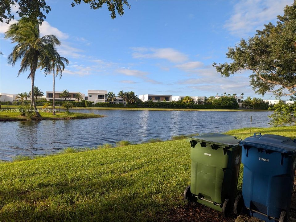 Waterfront property featuring a grassy lawn, mature palm trees, and established landscaping