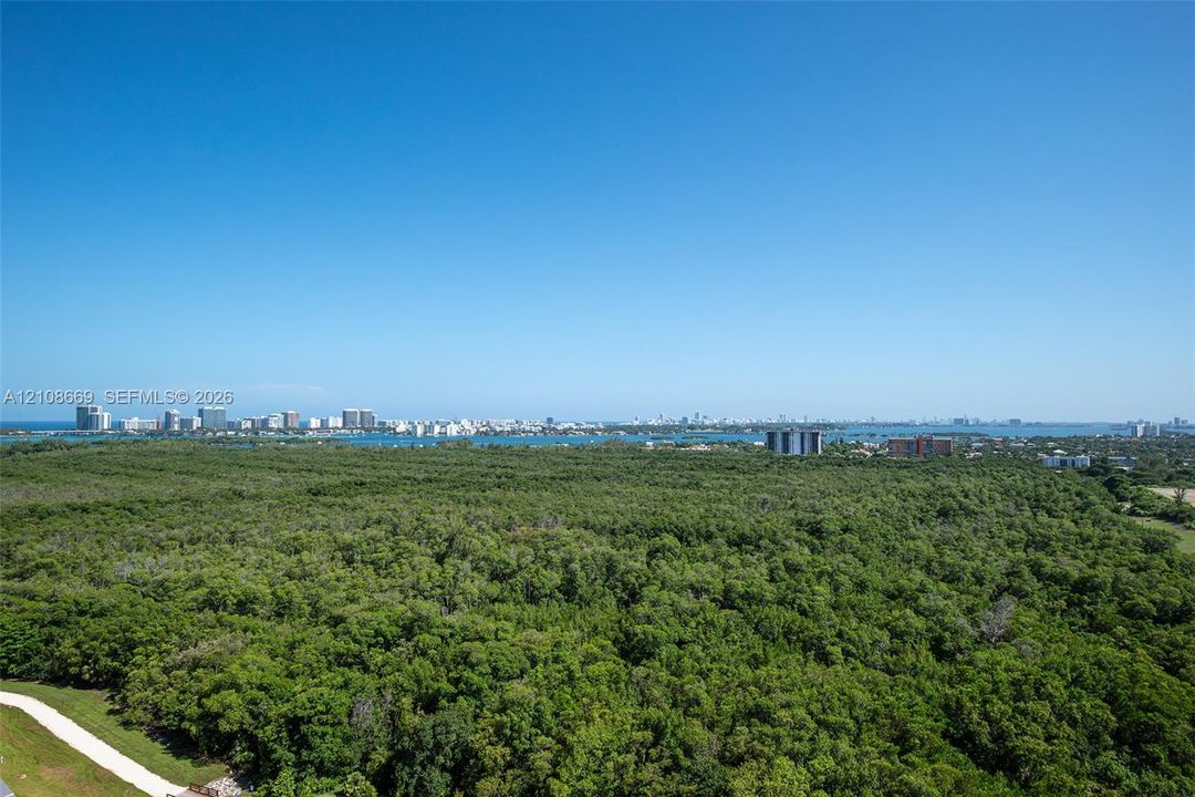 Aerial perspective featuring expansive natural wooded acreage, coastal waterway, and distant metropolitan skyline