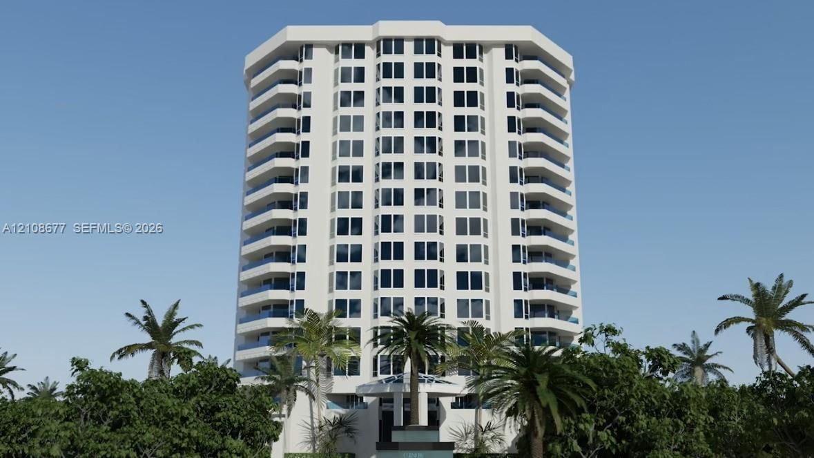 VIRTUAL RENDER of the building post construction. The glass railings are in, and all units now have impact windows and doors.