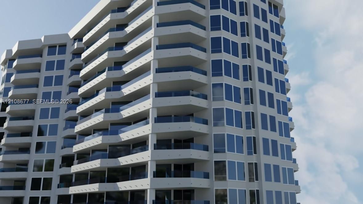 VIRTUAL RENDER of the building post construction. The glass railings are in, and all units now have impact windows and doors.