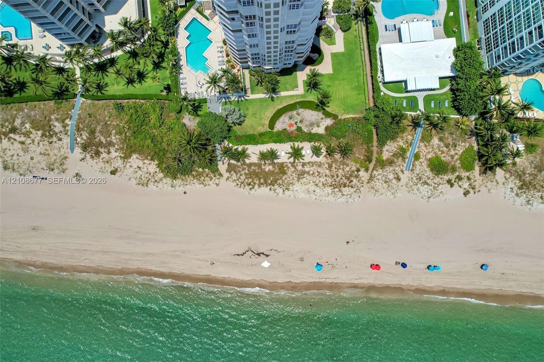 Aerial perspective of a coastal high-rise property featuring direct beach access, multiple outdoor swimming pools, manicured green space, and mature tropical landscaping