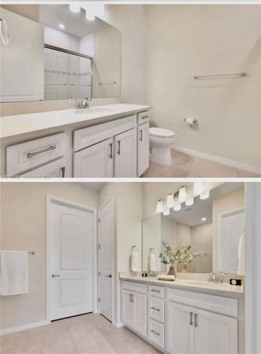 Bathroom featuring a white vanity with integrated cabinetry, solid-surface countertop, full-width vanity mirror, multi-light fixture, and tiled flooring