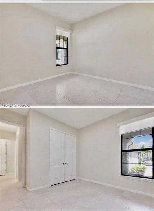 Neutral-toned ceramic tile flooring, dual-panel closet doors, and a window with a black muntin grid pattern