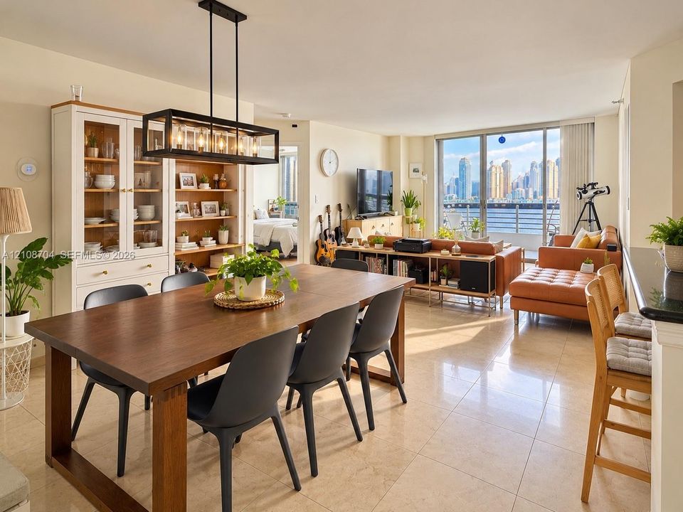 Open-concept floor plan featuring large-format tile flooring, built-in floor-to-ceiling cabinetry with glass-paneled display doors, a linear industrial-style pendant light fixture, and floor-to-ceiling windows with waterfront and city skyline scenery
