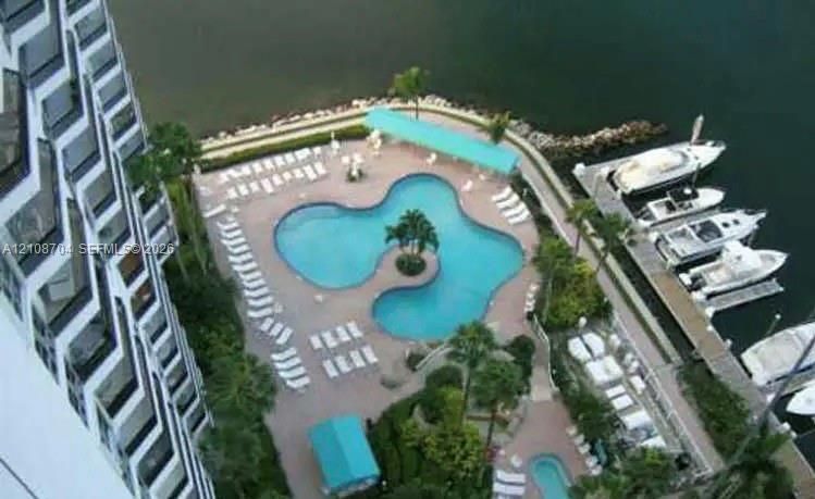 Waterfront pool deck featuring a curvilinear swimming pool, private boat slips, concrete decking, and tropical landscaping