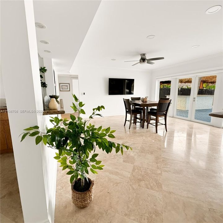 Open living space with stone floors