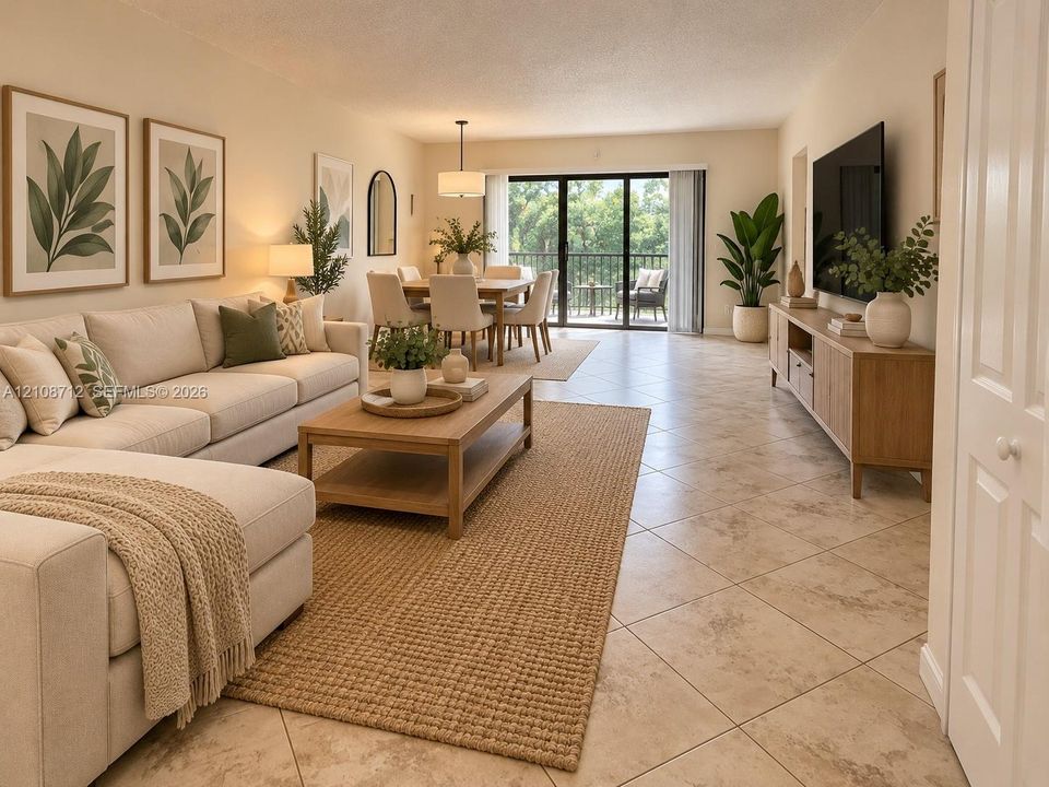 Stage Neutral-toned tile flooring, recessed ceiling lighting, a dedicated pendant light fixture over the dining area, and large black-framed sliding glass doors opening to a balcony