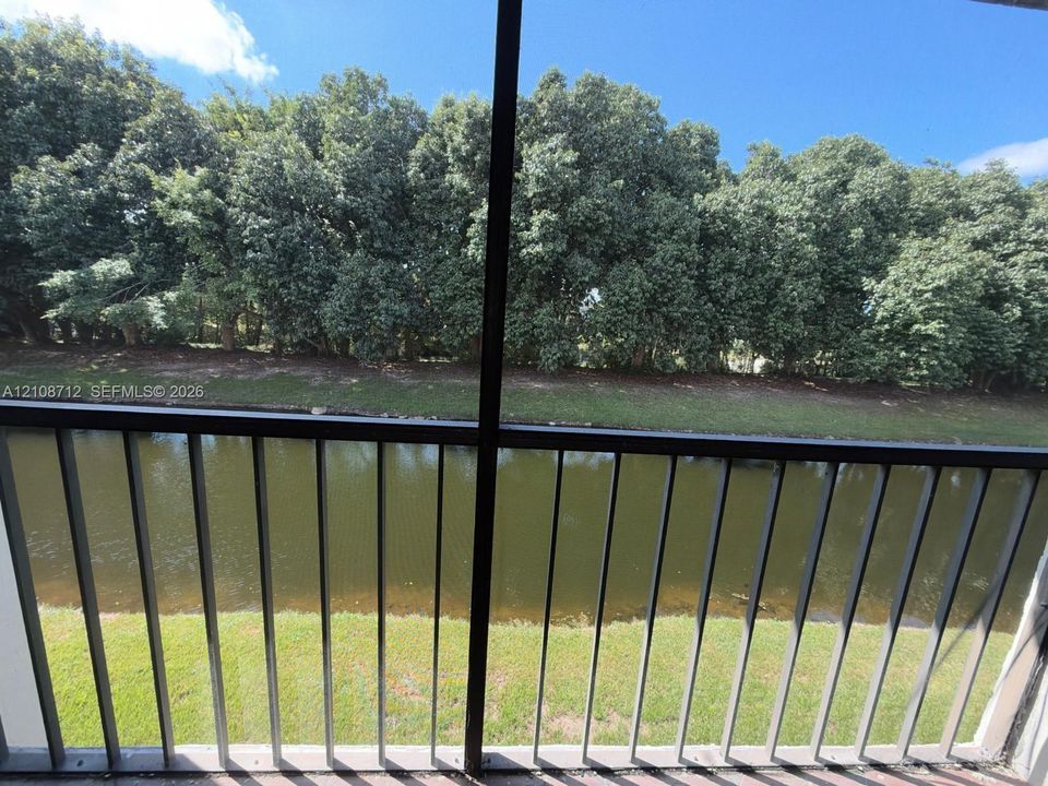 Screened enclosure featuring a metal frame, overlooking a canal and mature tree line
