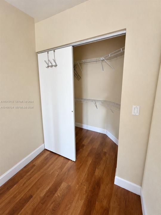 Walk-in closet featuring wood-finish flooring, white sliding door, and multi-tier wire shelving
