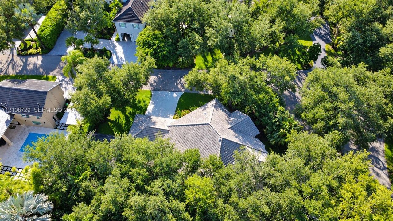 Aerial perspective featuring a tile roof, paved driveway, swimming pool with stone-tiled decking, and mature canopy trees