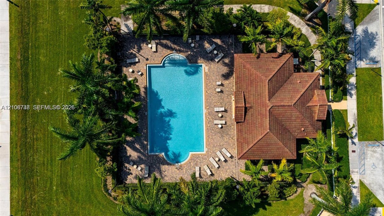 Aerial perspective of a community pool area featuring a tile-roof structure, concrete paver decking, and mature palm trees