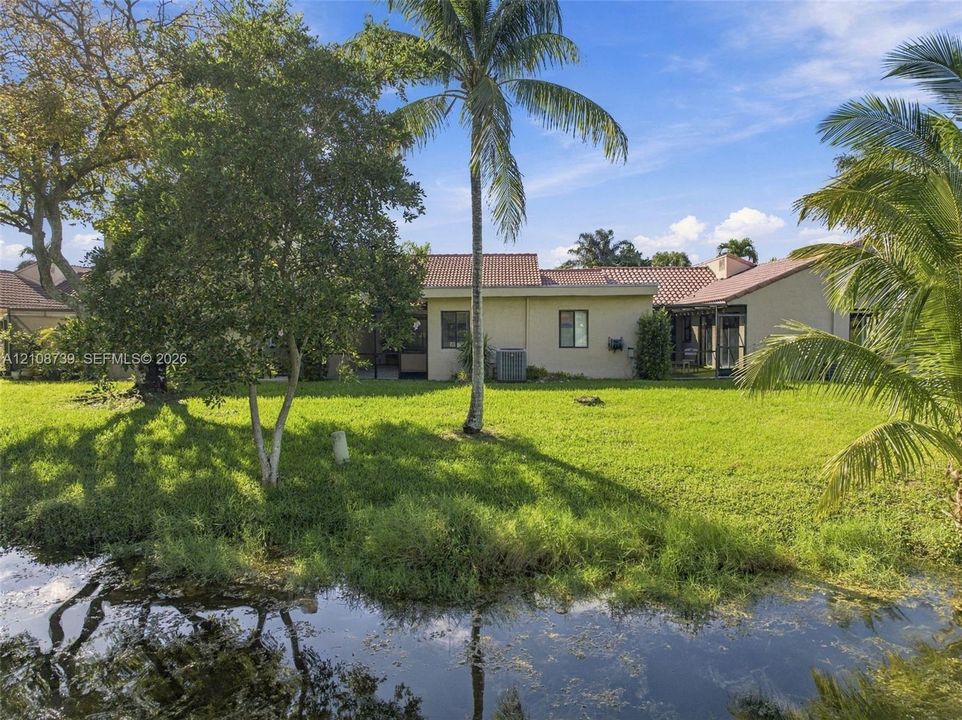 Backyard featuring a waterfront location, expansive lawn, mature palm trees, and a tile roof