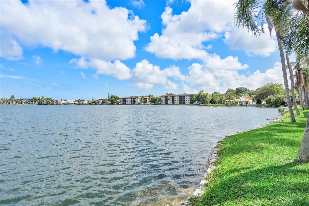 Waterfront property featuring a stone-lined shoreline, manicured green space, and mature palm trees