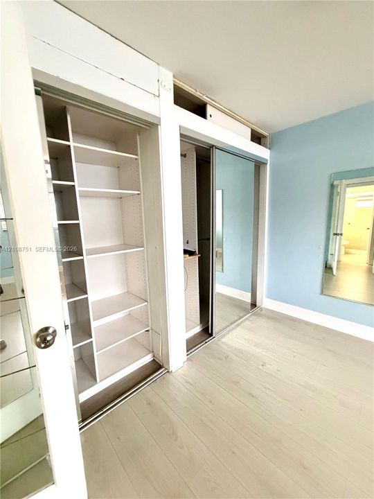 Floor-to-ceiling closets featuring sliding mirrored doors and custom integrated shelving, complemented by wood-finish flooring