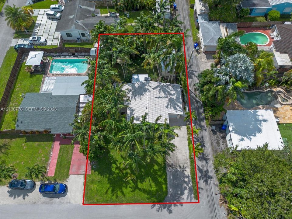 Aerial view of the residential property featuring a tiled roof, concrete driveway, mature palm trees, and front lawn