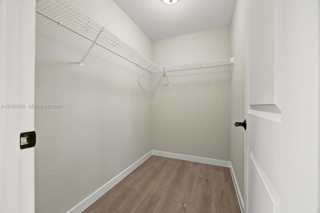 Walk-in closet featuring wood-finish flooring, white walls, and integrated wire shelving