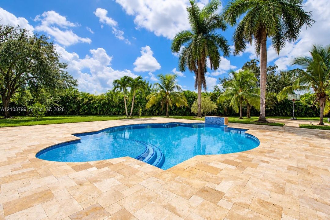 Free-form swimming pool featuring a tiled spillover water feature, stepped entry, and expansive stone-paver decking surrounded by established palm trees and manicured landscaping