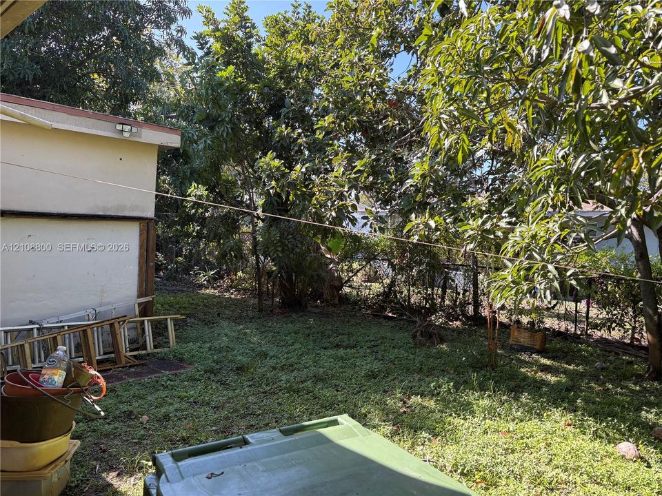 Exterior space featuring mature trees and a grass-covered lot