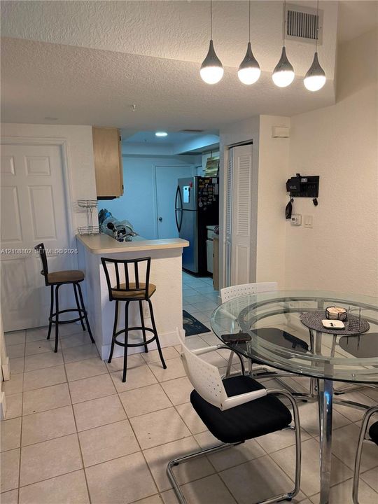 Kitchen area featuring a peninsula counter, four-light pendant fixture, ceramic tile flooring, and louvered closet doors