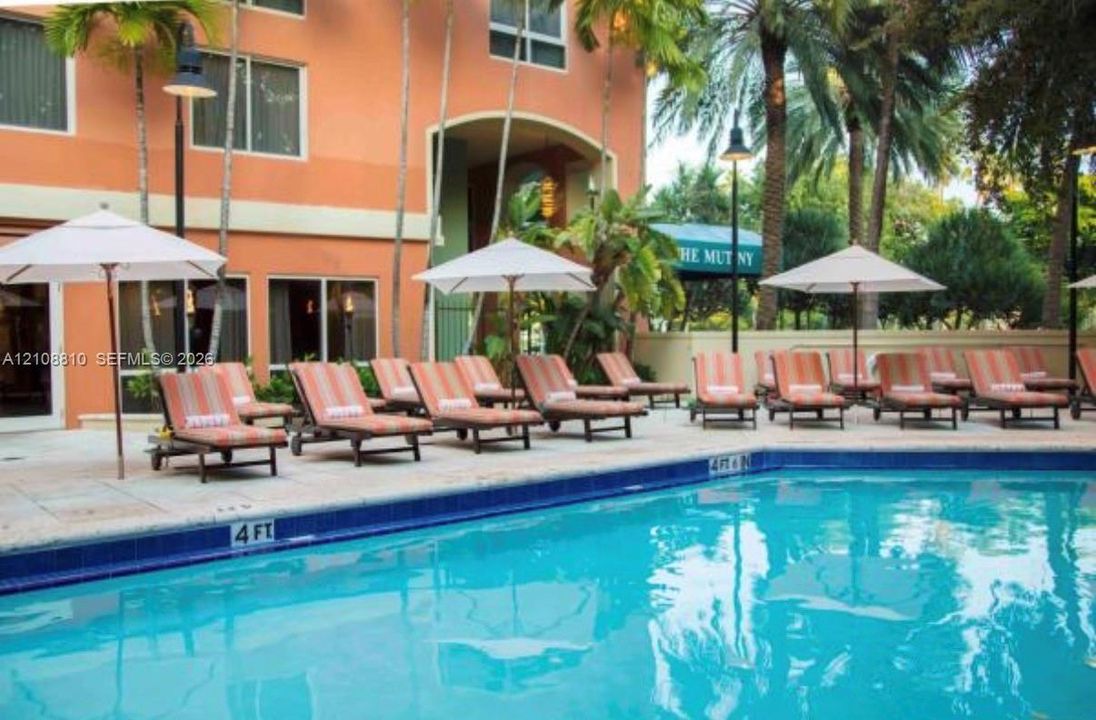 Swimming pool featuring a blue tile border, surrounding light-toned stone decking, mature palm trees, and exterior building facade