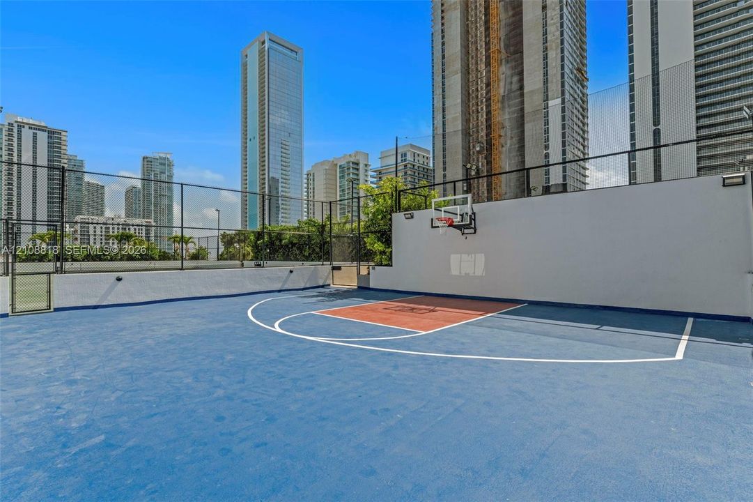 Outdoor basketball court featuring a paved blue surface, a high-perimeter security fence, and a mounted hoop