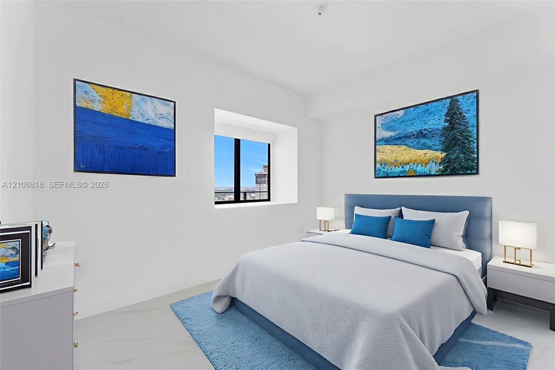 Bright room featuring smooth white walls, high ceilings, and a deep-set window frame with dark-framed glazing