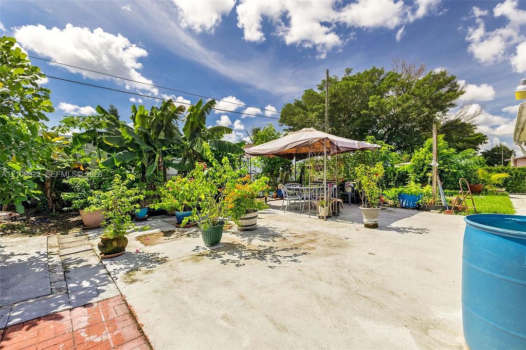 Concrete patio featuring decorative red brick edging, mature perimeter landscaping, and established greenery