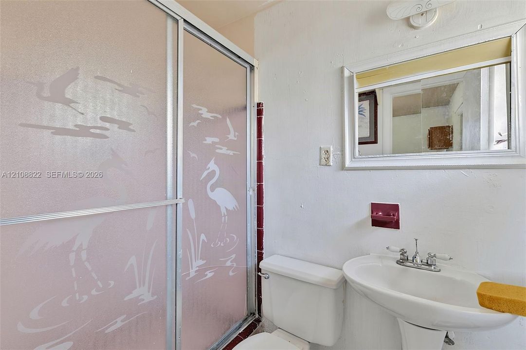 Bathroom featuring a semi-frameless sliding glass shower enclosure with etched decorative detailing, a white pedestal sink with dual-handle chrome faucet, a rectangular wall-mounted mirror with integrated lighting, and a built-in recessed soap dish