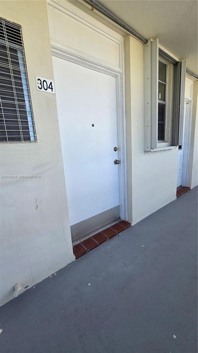 Exterior entry featuring a solid white door with a metal kickplate, transom window, and a red brick threshold