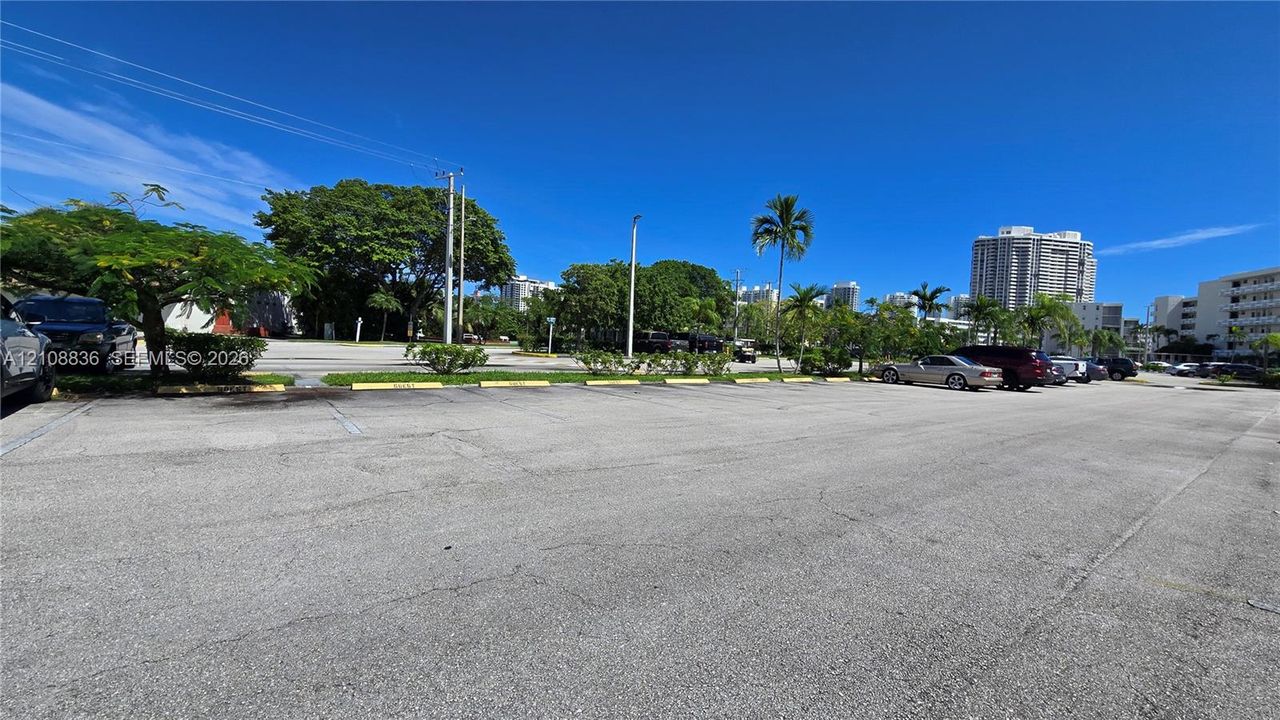Asphalt-paved parking lot featuring designated parking stalls, yellow concrete wheel stops, and mature landscaping