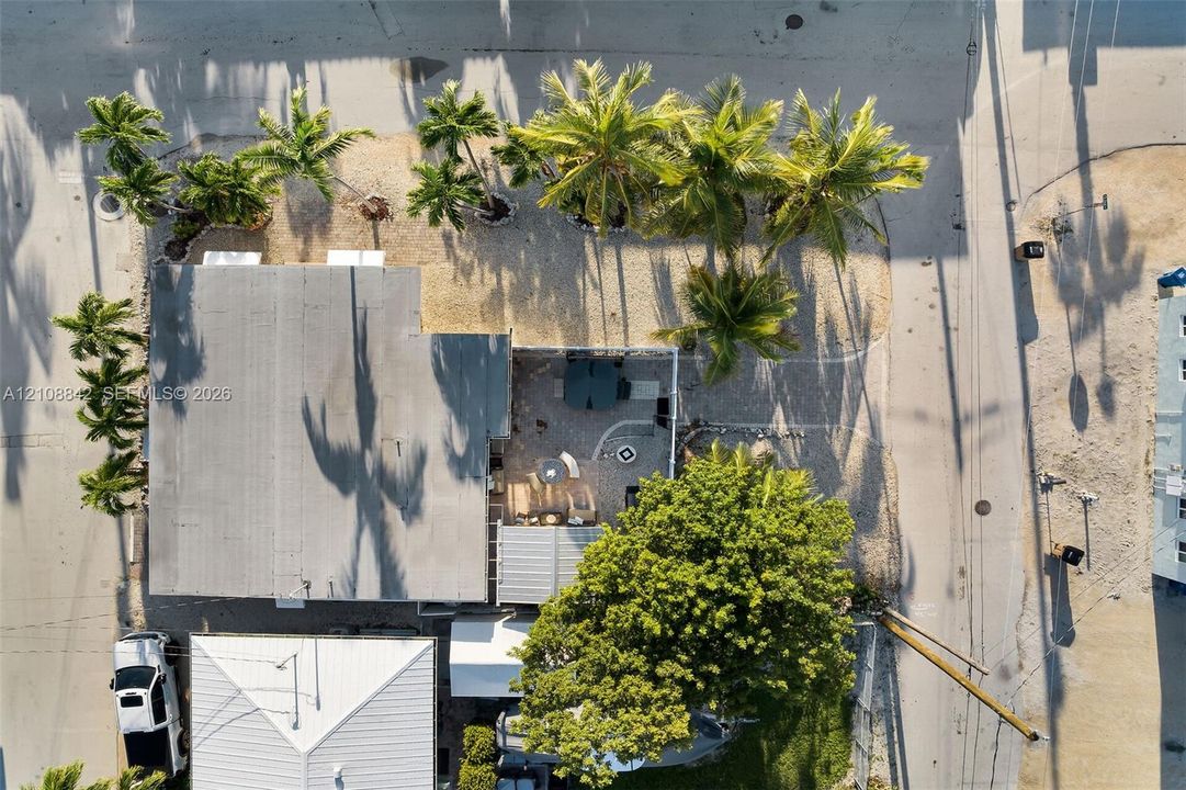 Aerial perspective featuring a landscaped exterior with mature palm trees, a paved patio area, and a metal roof structure