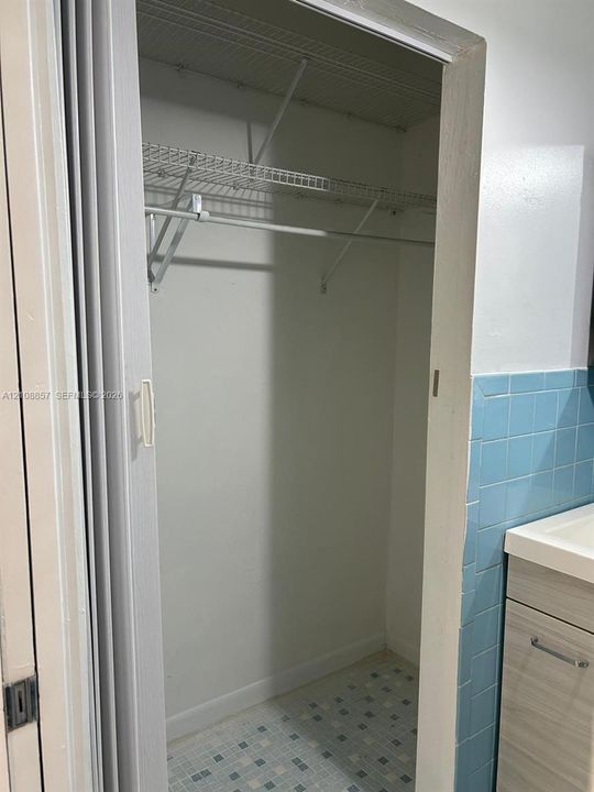 Built-in closet featuring wire shelving and a hanging rod, accompanied by a vanity with wood-finish cabinetry and a blue tiled backsplash