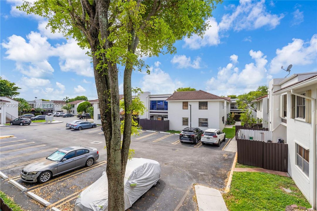Exterior parking area with marked stalls, concrete wheel stops, and mature landscaping