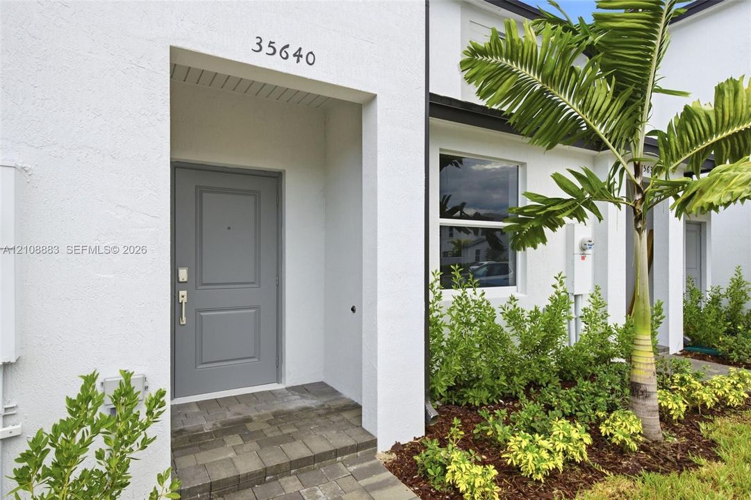 Modern exterior featuring a crisp white stucco facade, a neutral-toned solid entry door, recessed porch area, and manicured landscaping including a mature palm