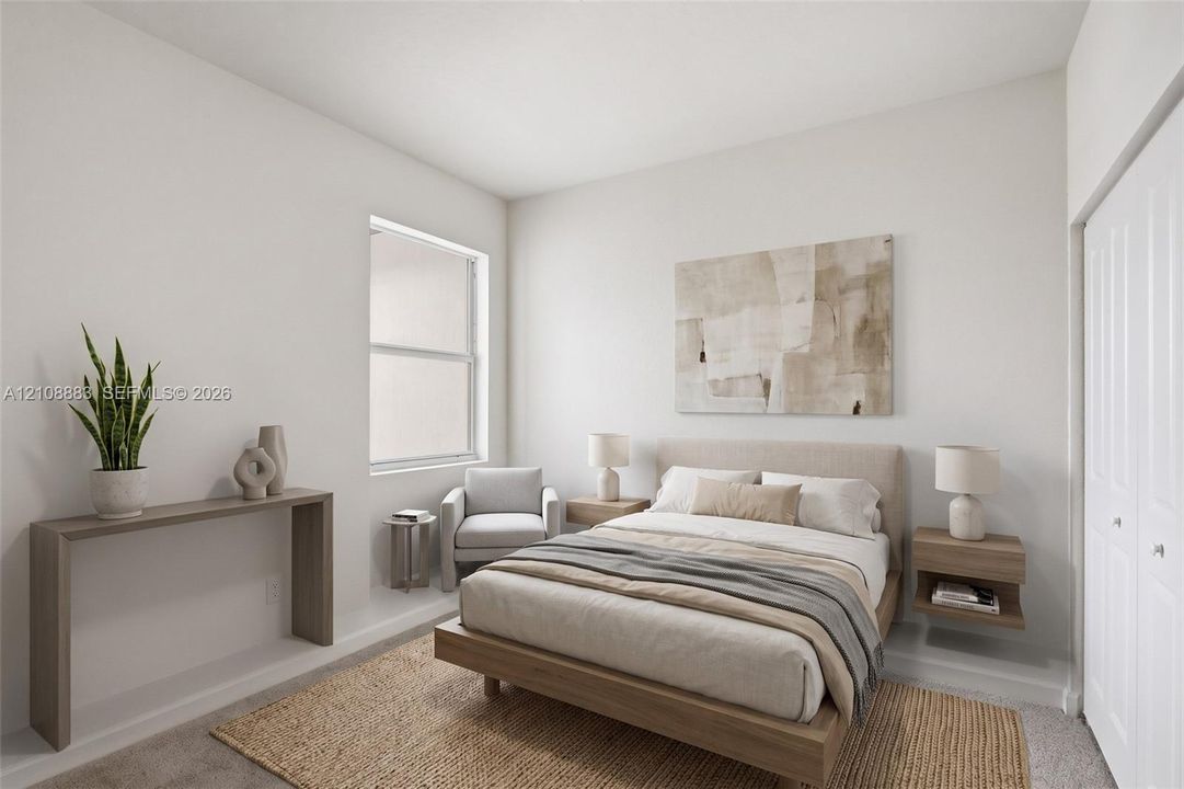 Neutral-toned interior featuring wall-to-wall carpeting, dual wall-mounted floating nightstands, and double-panel closet doors