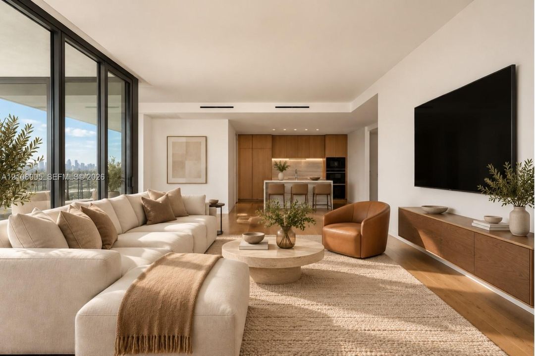Floor-to-ceiling glass paneling, wood-finish flooring, built-in wall-mounted cabinetry, recessed lighting, and kitchen island with stone countertop