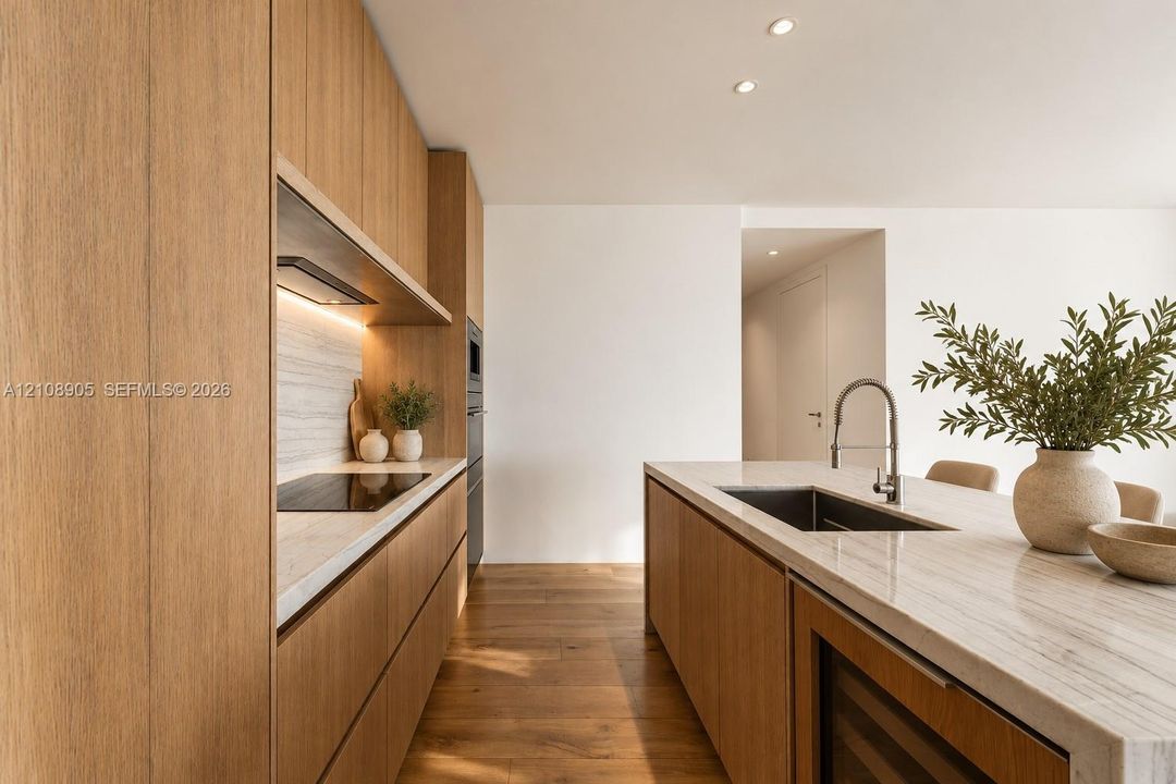 Kitchen featuring custom flat-panel wood cabinetry, integrated stone countertops, recessed ceiling lighting, wood-finish flooring, and built-in under-counter beverage storage