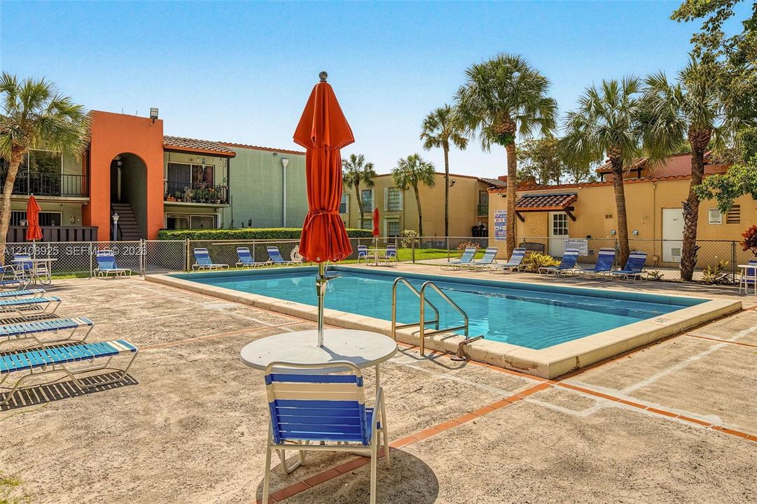 Rectangular swimming pool featuring metal access ladders, surrounded by a paved deck and integrated palm tree landscaping