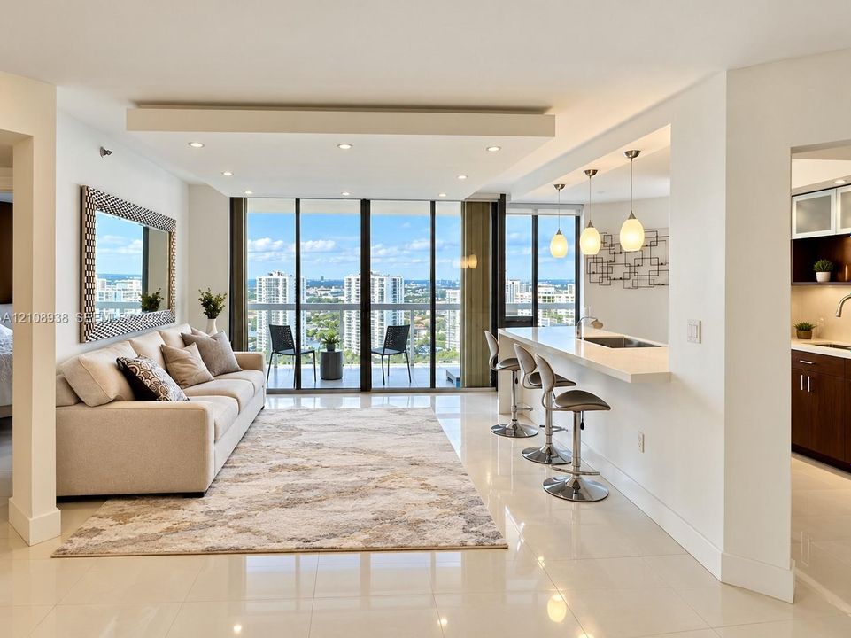 Open-concept space featuring floor-to-ceiling windows, polished tile flooring, a tiered tray ceiling with recessed lighting, and a breakfast bar with stone-surfaced countertop and pendant lighting