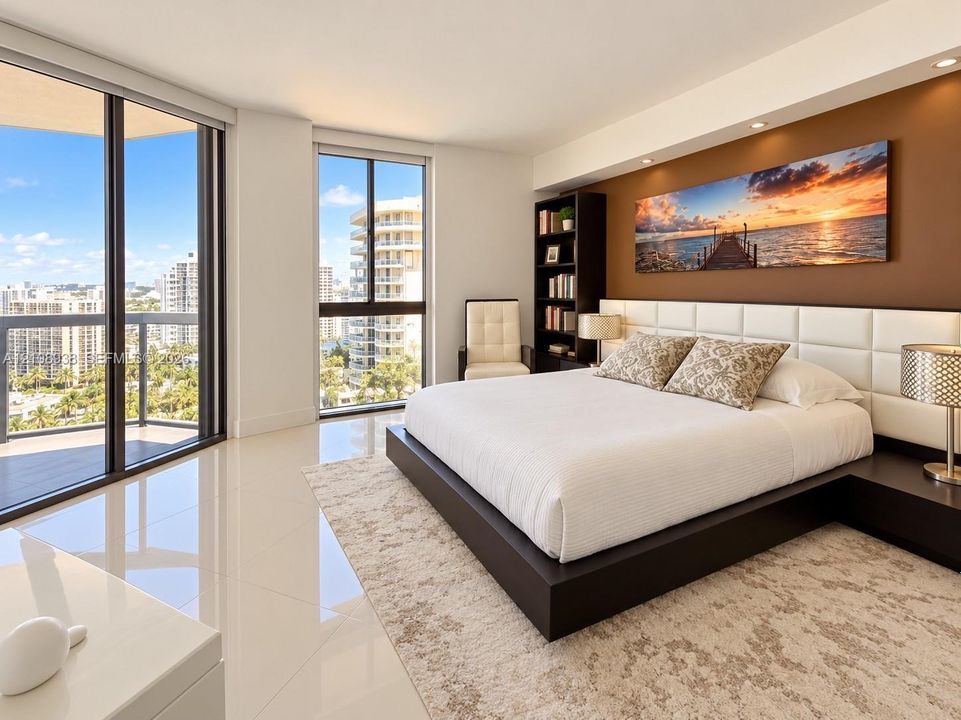 Floor-to-ceiling windows, polished tile flooring, built-in recessed ceiling lighting, and integrated wall-mounted headboard