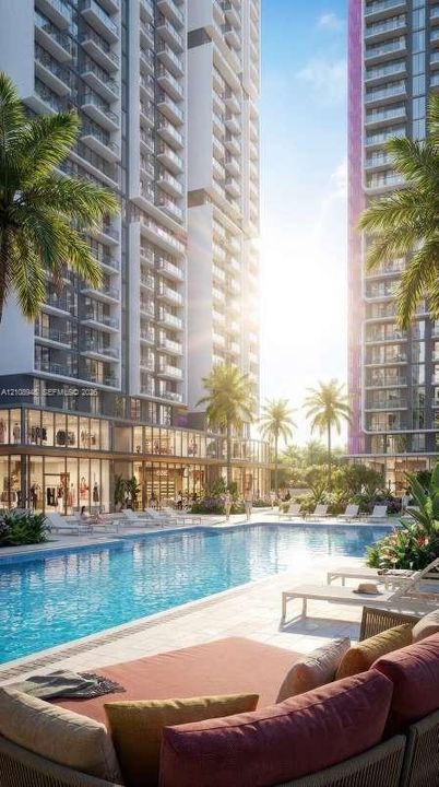In-ground swimming pool featuring a paved surround, multi-story glass-facade residential towers, and integrated palm tree landscaping