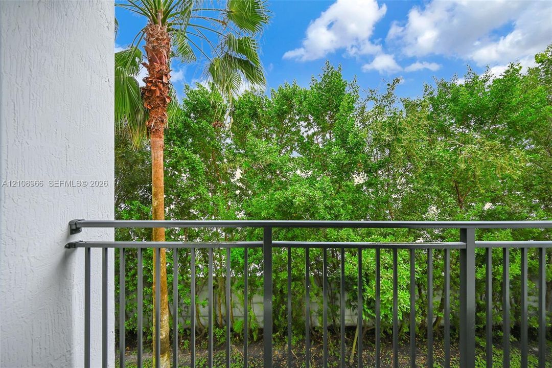 Private balcony featuring a dark metal railing, smooth-finish stucco wall, and mature palm tree with lush foliage backdrop