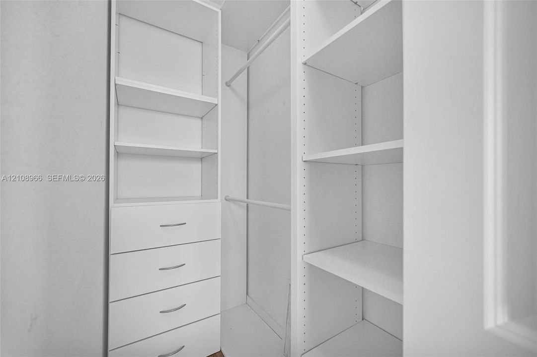 Walk-in closet featuring white built-in shelving, integrated hanging rods, and four drawers with metallic hardware