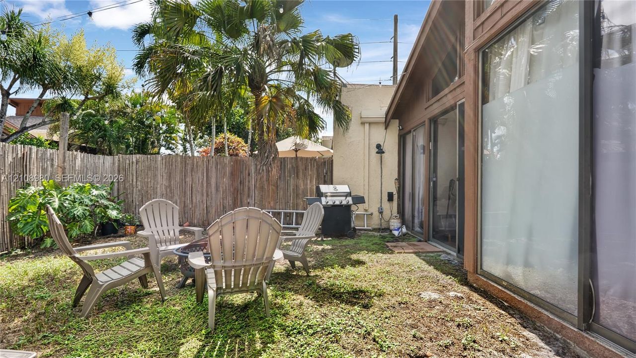 Fenced backyard featuring mature palm trees and full-height glass sliding doors
