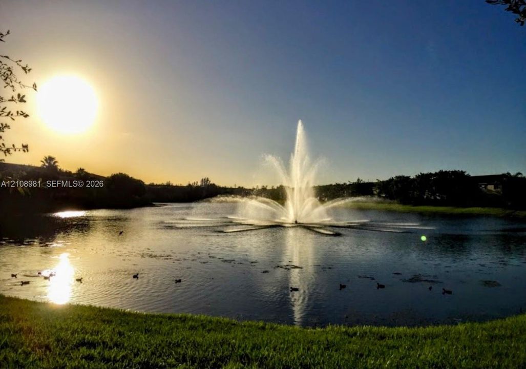 Expansive lake featuring a center-spraying fountain and manicured perimeter turf