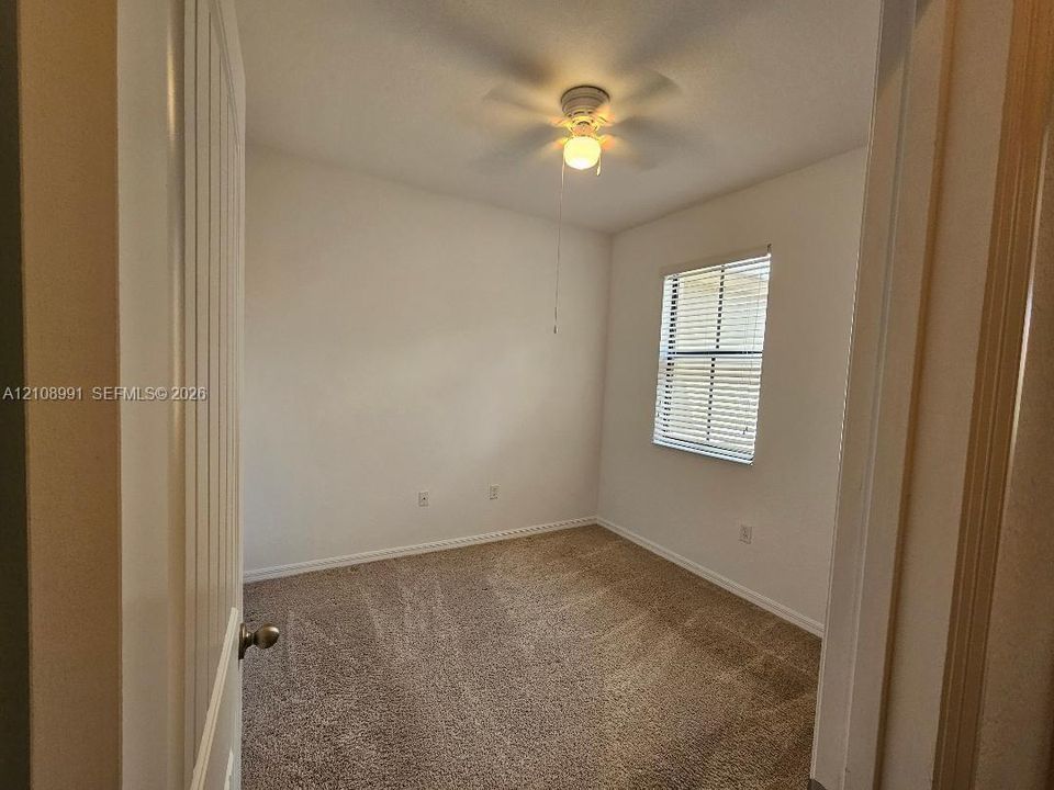 Neutral wall finishes, textured carpeting, central ceiling fan, and window fitted with horizontal blinds