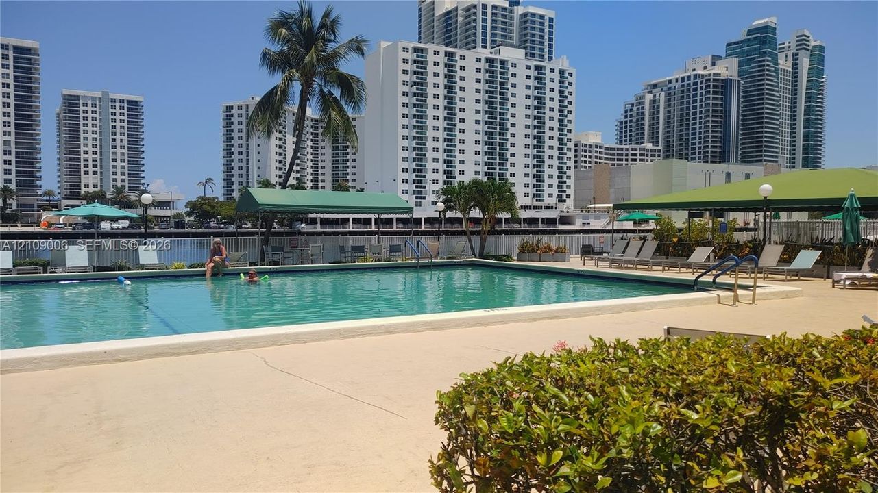 In-ground swimming pool featuring a concrete deck, perimeter fencing, overhead canopy structures, and mature landscaping