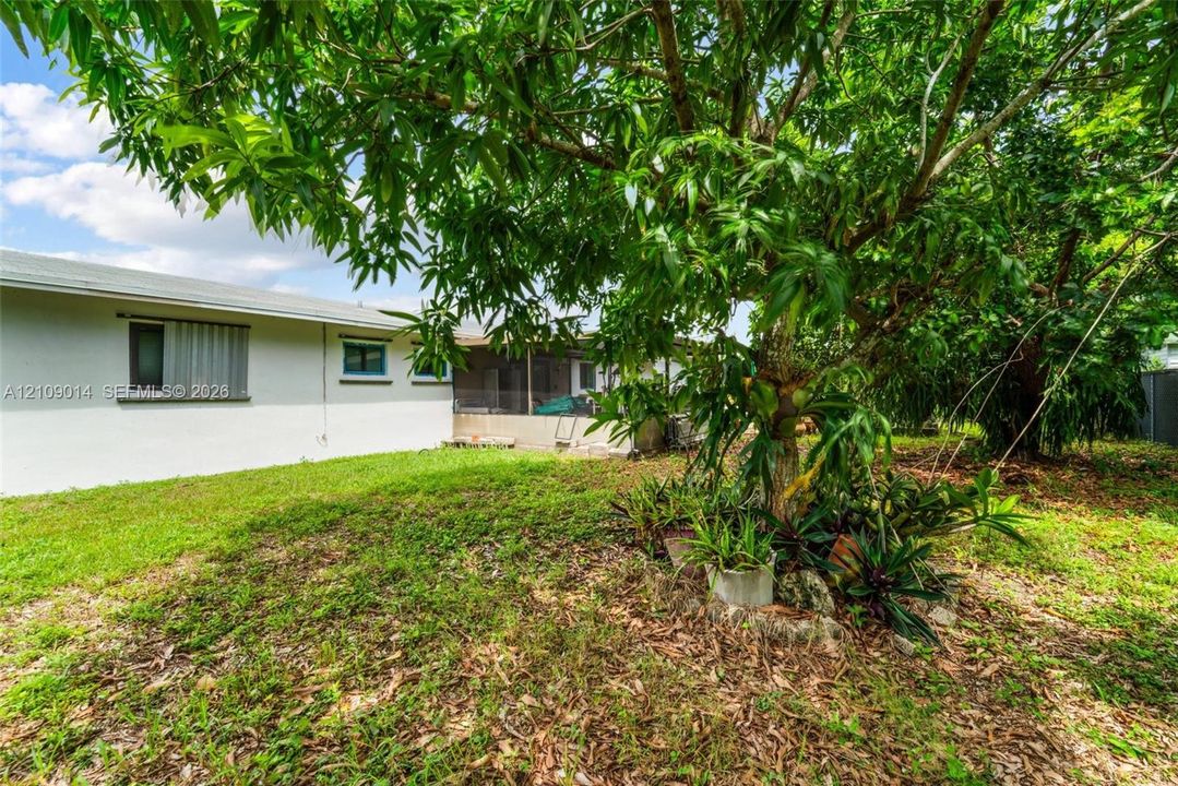 Backyard featuring a grass lawn, mature shade tree, natural stone landscaping, and a screened-in rear porch