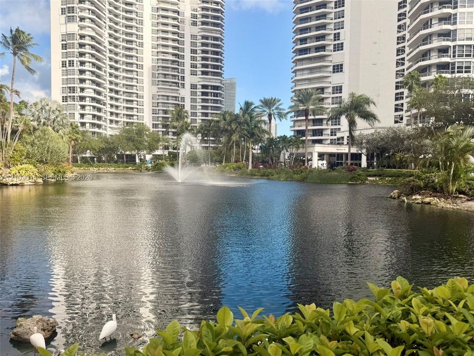 Serene pond featuring a central fountain, lush tropical landscaping, and mature palm trees